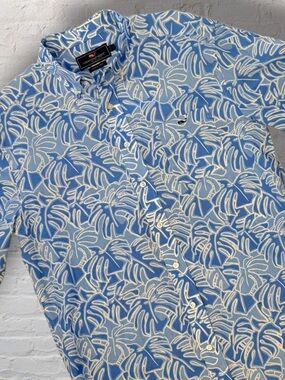 Vineyard Vines Tucker Shirt Large Linen Blend Blue Tropical Leaf Button Down